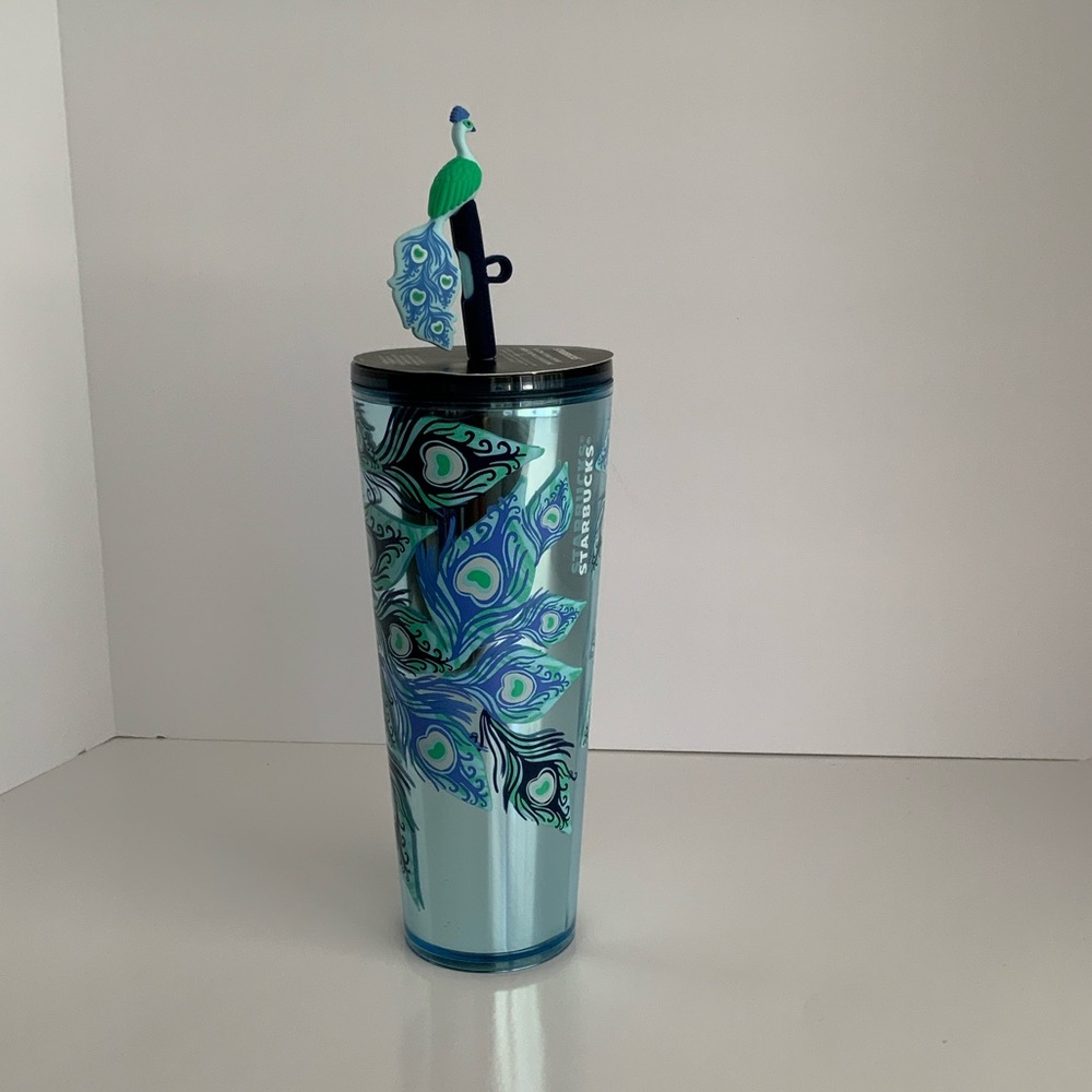 Starbucks Peacock Feather Acrylic Tumbler w Straw Top